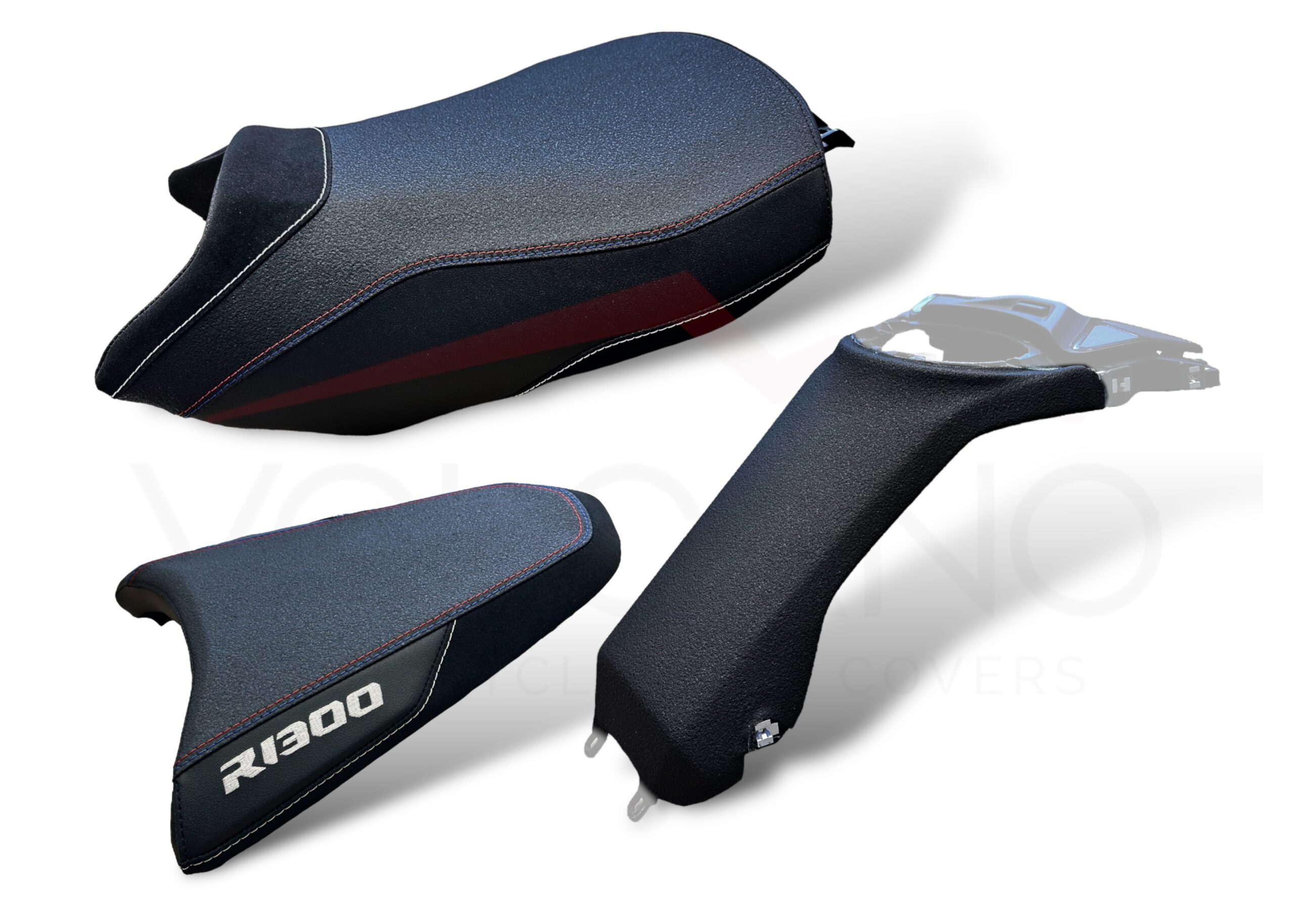 Rivestimento sella artigianale per BMW R1300 GS Trophy con cuciture rosso blu.