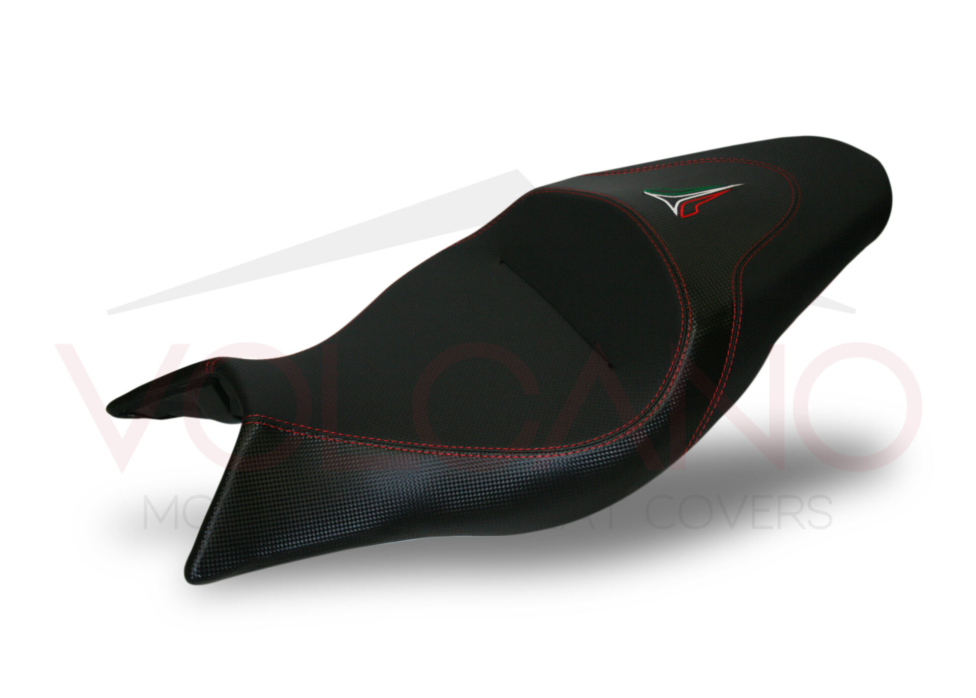 Rivestimento sella carbon look con cuciture rosse e logo V tricolore per Aprilia Shiver