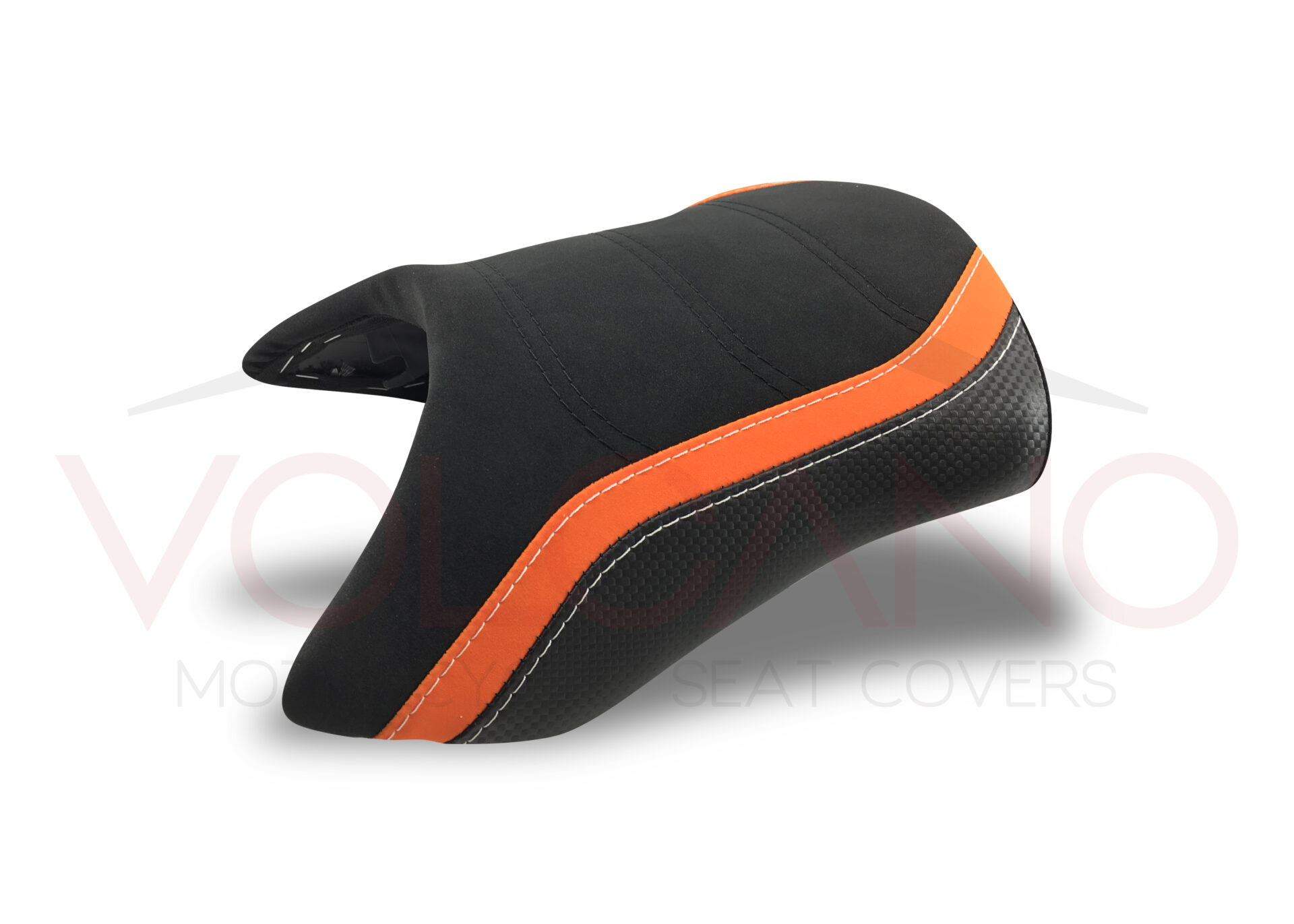 Dettaglio rivestimento sella KTM RC con fascia arancione e trama carbonio