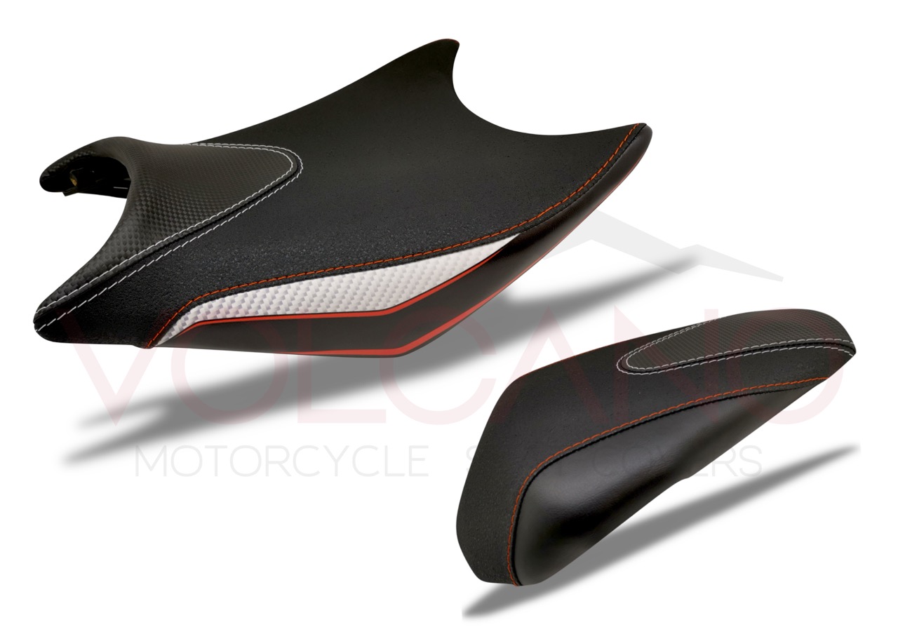 Copertura sella Volcano per KTM Duke con accenti rossi e bianchi.