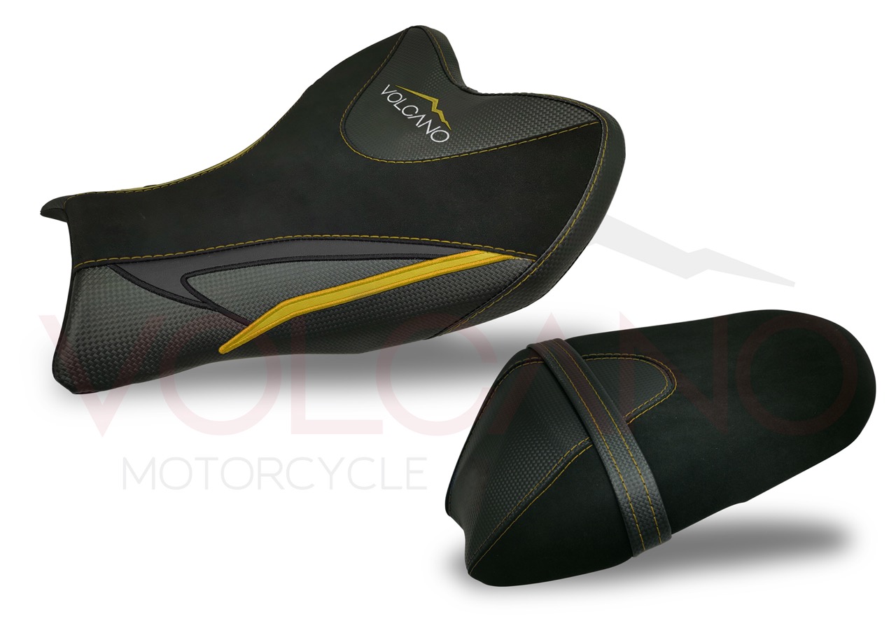 Set rivestimento sella Volcano nero e grigio con cuciture gialle per Suzuki GSX-R 1000.
