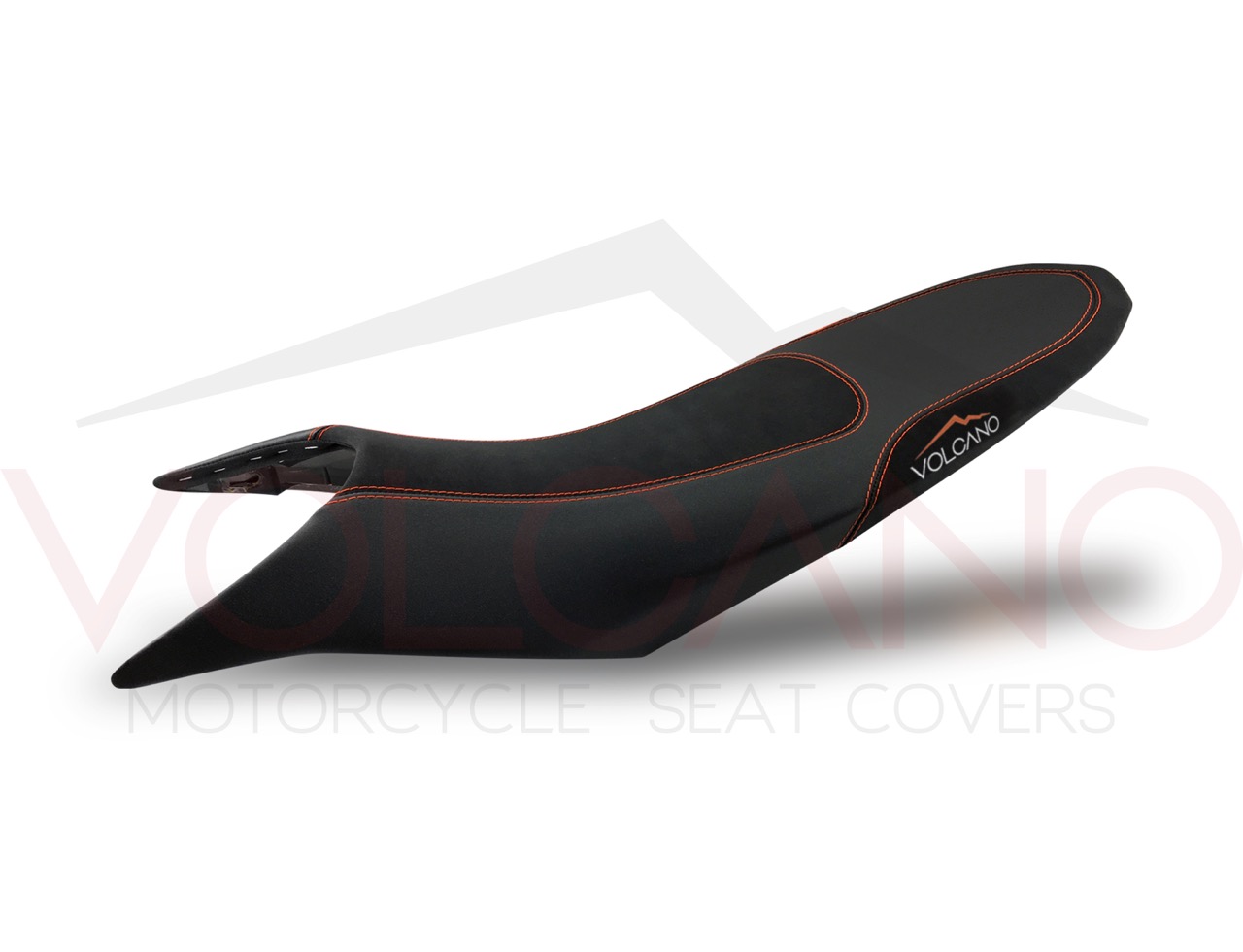 Sella KTM 990 con rivestimento nero, cuciture arancioni e logo Volcano ricamato