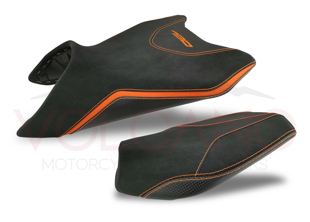 Rivestimento sella KTM 790 Duke nero con cuciture arancioni e logo 790