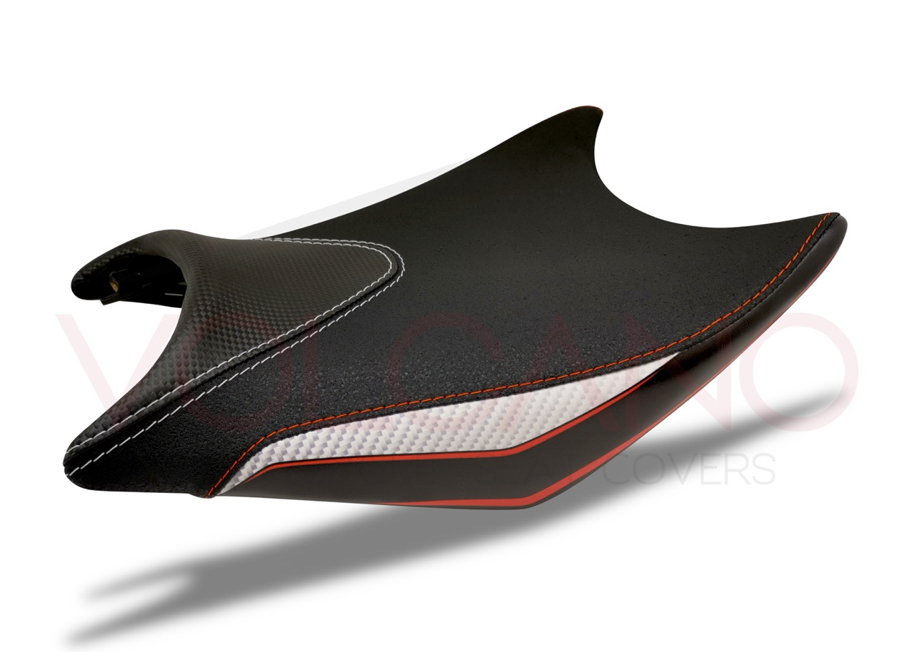 Rivestimento sella nero con dettagli carbonio e cuciture arancioni per KTM Duke.