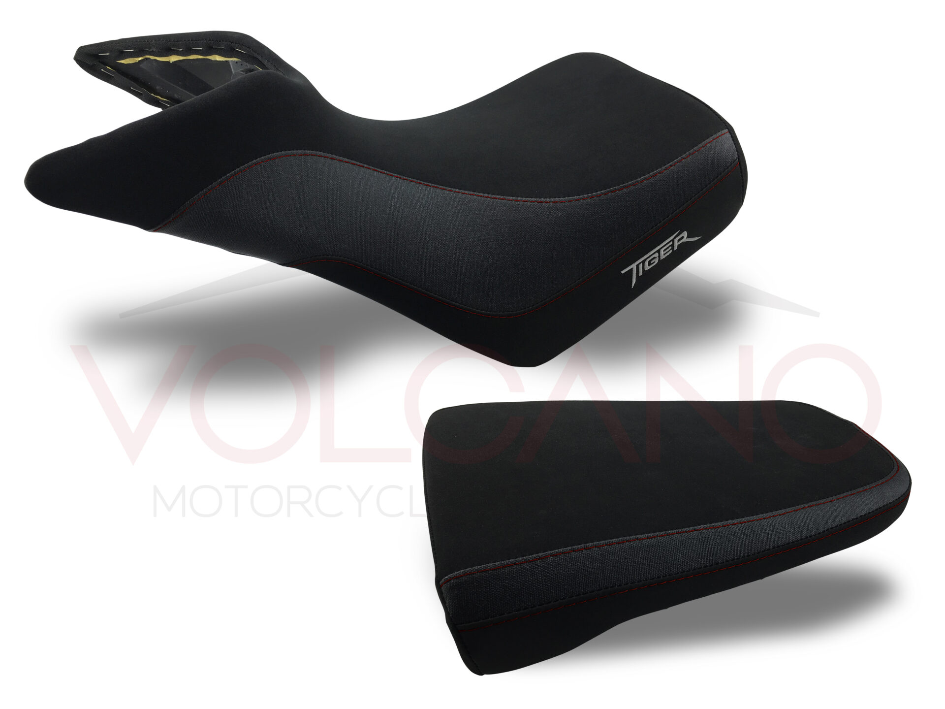 Seat cover Triumph Tiger 800 nera e grigia con cuciture rosse e logo Tiger