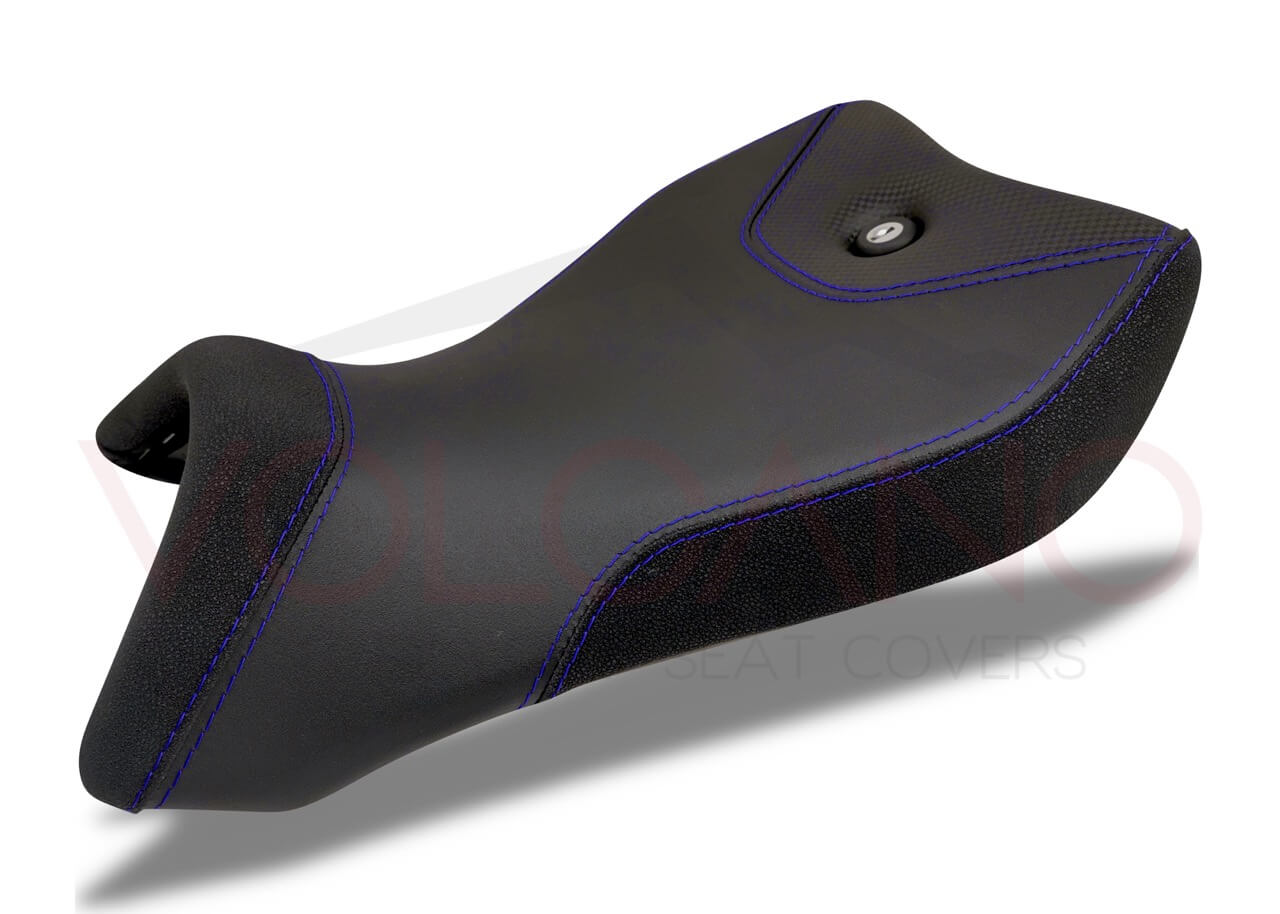 Seat cover sportiva Yamaha R 125 con dettagli carbon look e cuciture blu