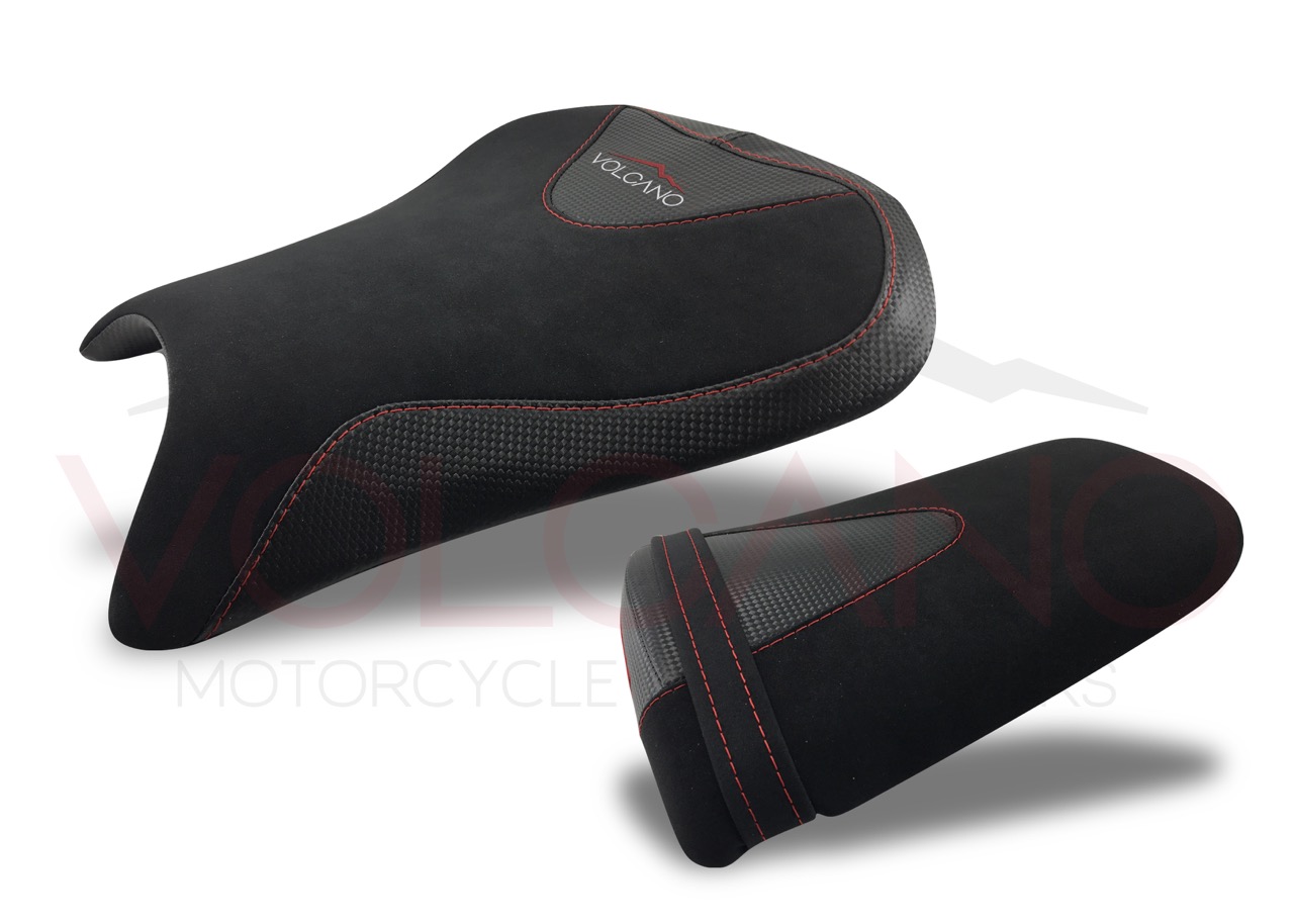 Seat Cover per Honda CBR 600RR nero con cuciture rosse e logo Volcano