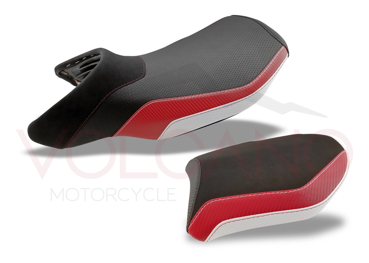 Rivestimento sella sportivo nero, rosso e bianco per BMW R 1200 R.