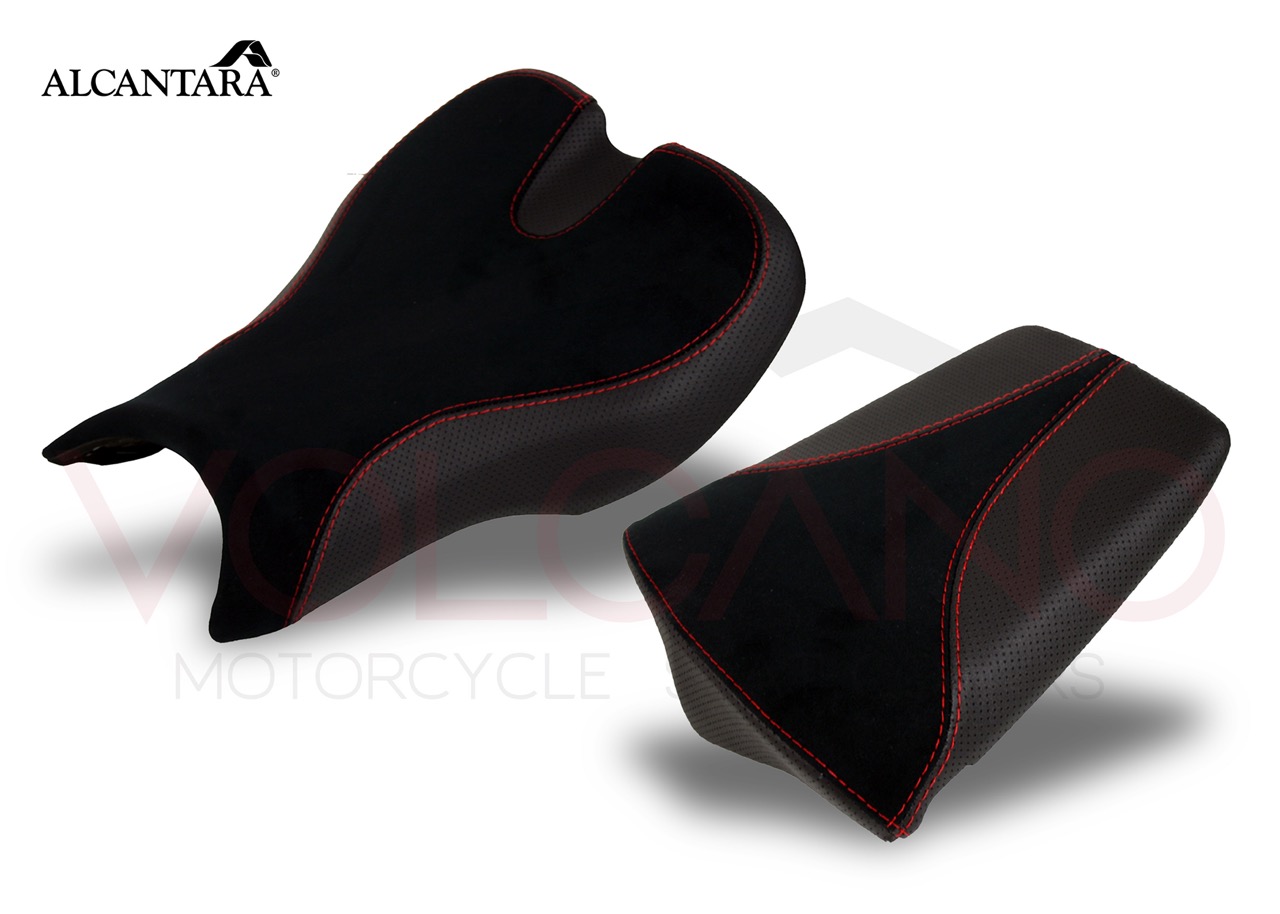Rivestimento sella in Alcantara nero con cuciture rosse per Triumph Daytona