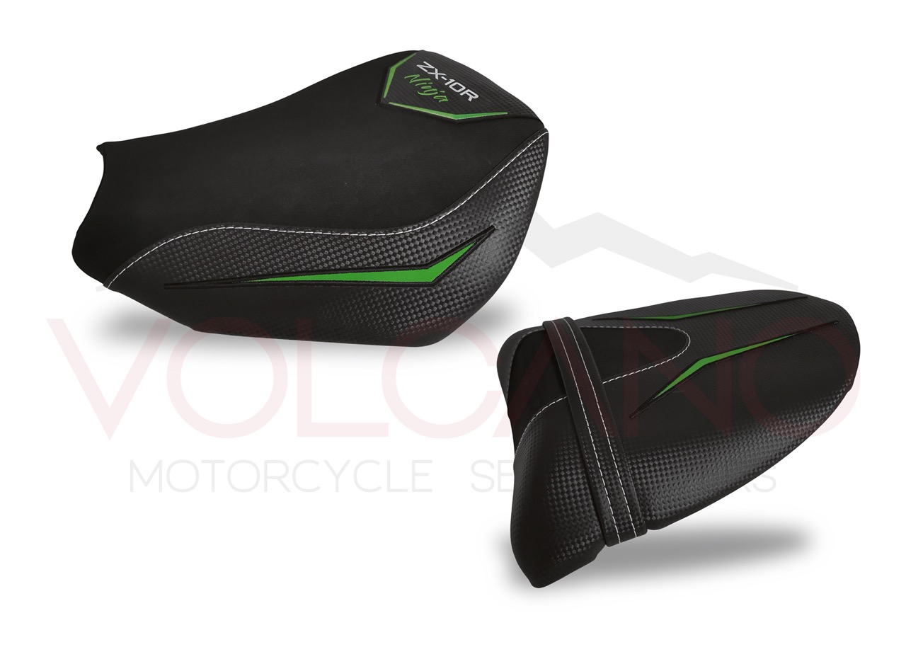 Seat Cover per Kawasaki NINJA ZX10R con ricami verdi e texture carbonio