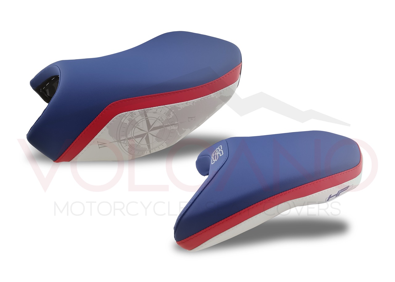 Seat cover blu rossa e bianca per BMW GS Adventure con grafica bussola