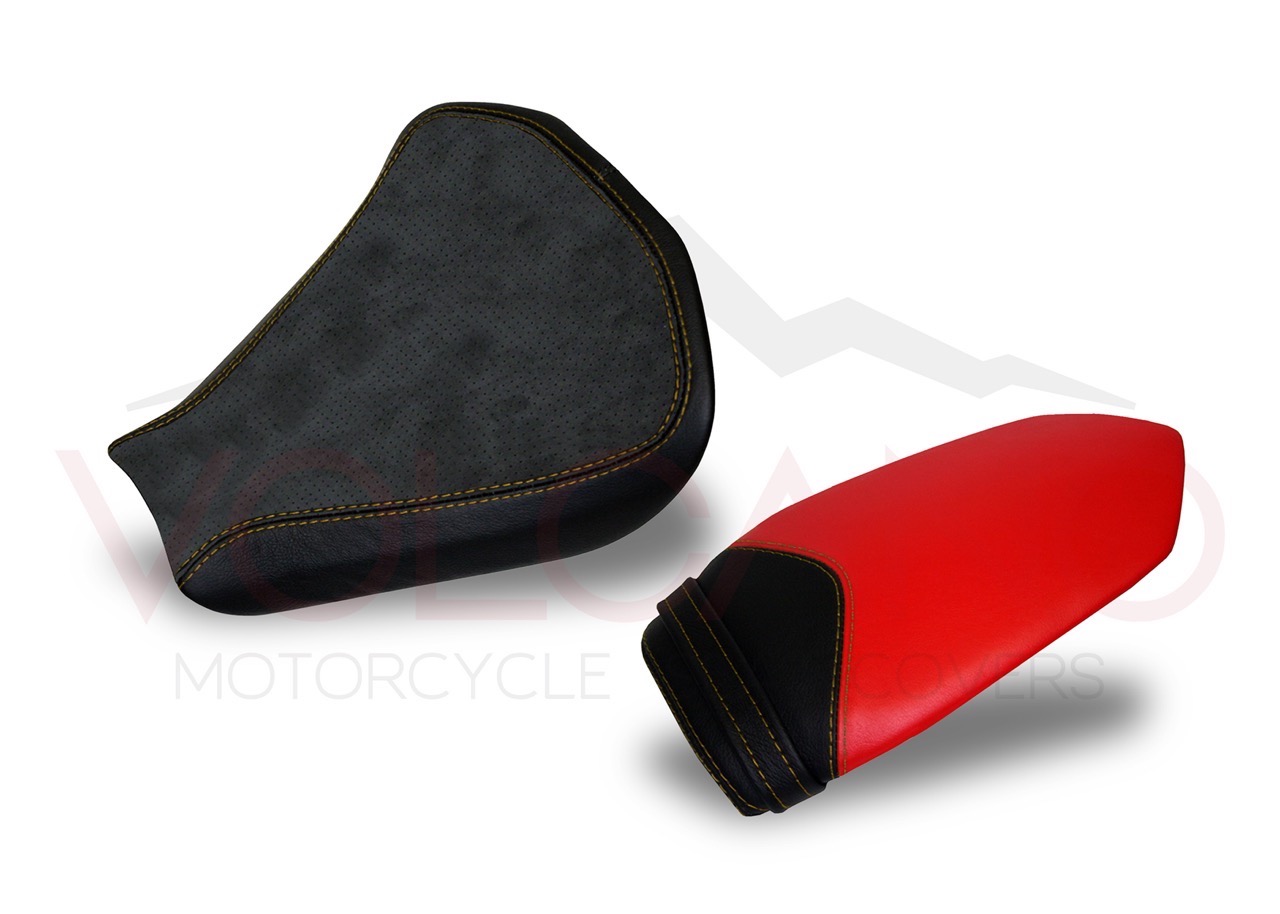 Seat Cover Mv Agusta F3 con cuciture oro e inserti in pelle rossa