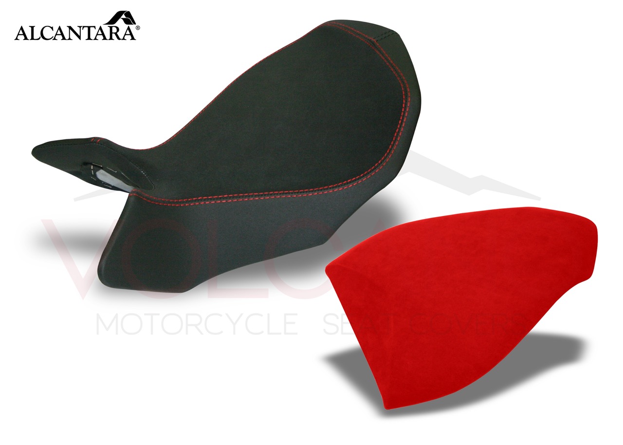 Seat Cover Mv Agusta BRUTALE in Alcantara rosso e nero con cuciture rosse.