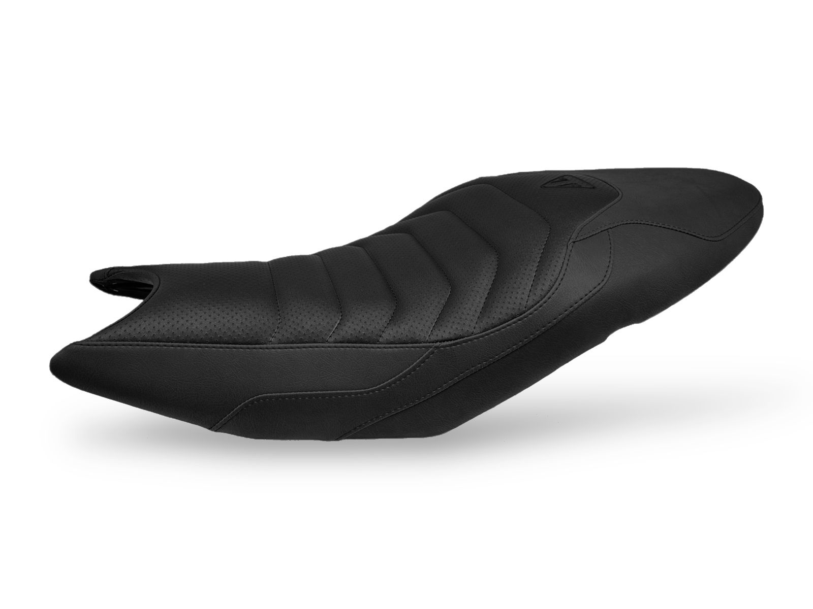 Rivestimento sella Triumph Trident 660 nero con texture invecchiata e forata.
