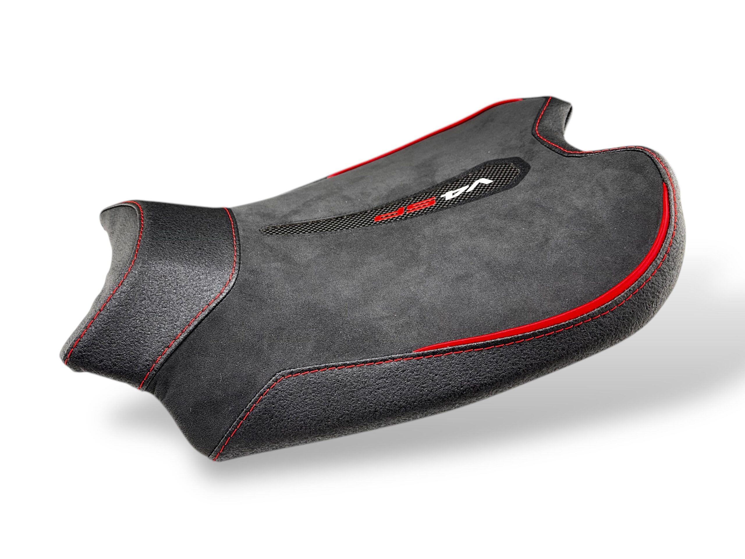 Seat Cover Ducati Panigale V4 in Alcantara nera e vinile con cuciture rosse.